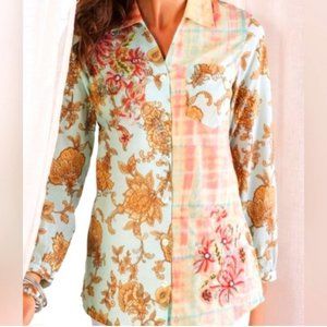 Soft Surroundings Descansa Tunic, Small, Mixed Pattern, Embroidery Button-up EUC